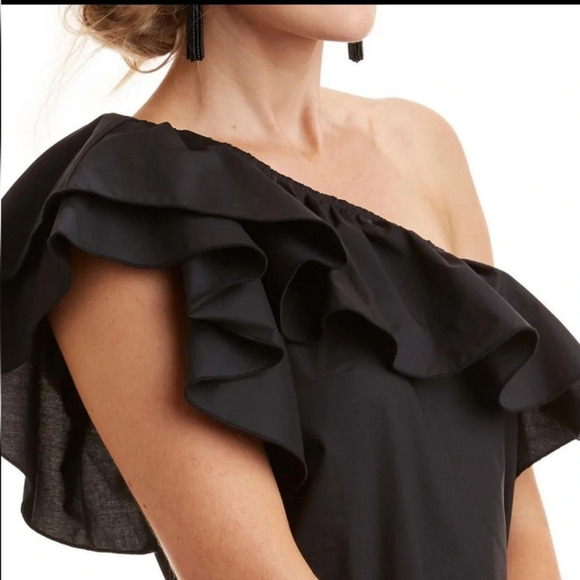 Vineyard Vines Size Small One Shoulder Ruffle Short Dress Jet Black 100% cotton - Picture 2 of 14